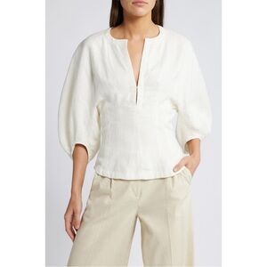 Faithfull The Brand Women's White Plunge Split Neck Linen Maia Top Size Small